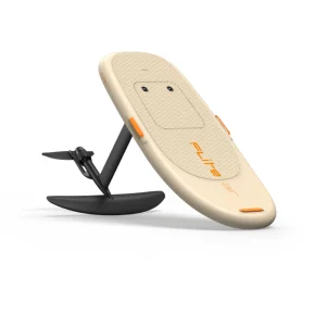 Fliteboard AIR ICON Series 6 inflatable eFoil in tan and orange, with black mast and wing, against a neutral background.