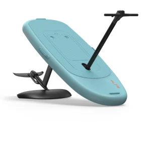 Fliteboard Flitescooter inflatable eFoil with handlebars and mast, blue color.